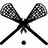 Two crossed lacrosse sticks with a ball below them on white background, next to blue pixelated text reading 'The Johns Hopkins University Lacrosse Team' on black.