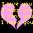 A static image with a black background featuring two pink broken hearts and yellow pixelated text reading "I love you I miss you I want you I need you" repeated twice.