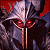 A pixelated character with a tall white hat, red eyes, and a dark hooded cloak against a red and dark background.