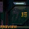 Pixel art depicting a dark industrial scene with a glowing blue light above a large green panel showing the number 15 and the word PREVIEW in orange text.