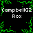 Black background with green pixelated border and central starburst pattern, displaying repeated white text 'CampbellG2' and 'Rox' in four quadrants.