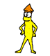 Yellow cartoon character with orange spiky hair in multiple poses including standing, walking, and turning with orange arrow-shaped head props.