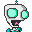Pixel art alien character with large green eyes, black mouth area, pink nose detail, and teal accents on a gray background.