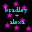 Black background with scattered pink stars and repeated cyan text reading "bradley + alexa" in a pixelated font.