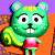 Green cartoon animal with pink inner ears, yellow stripes on head, white eyes with black pupils, and a red dress, set against purple and orange background.