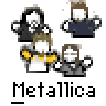 A static contact sheet of four pixel art buddy icons arranged in a 2x2 grid with text promoting 'badassbuddy.com' and the word 'Metallica' below each set, all on a gray background.