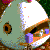 Pixelated image of a cartoon chicken head with brown feathers, black eyes, and an orange beak against a light green background.