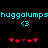 Pixelated cyan text 'huggolumpshuggolumps' spans top, two cyan '<3' symbols center-left and center-right, red heart icons in two below on black background