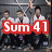 Group of four people in white shirts with red accents and black pants seated together, one person holding a child, with "Sum 41" text overlay.