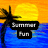 Pixelated beach scene with palm tree and sunset over water, next to blue text blocks on purple background.