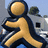 Yellow stick figure with black outline walking left to right, holding a striped object, against a background of buildings and trees.