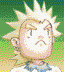 Pixelated character with spiky blonde hair and blue collar, showing five distinct facial expressions against green background.