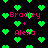 Pixelated green hearts float over black background with pink text 'Bradley + Alexa' repeated in multiple positions.