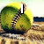 A pixelated softball with visible stitching appears in a , with text changing across frames to form "I LOVE SOFTBALL"