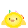Pixelated yellow circular character with brown beak and eyes, surrounded by green, pink, and orange musical notes on gray background.