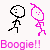 Pixelated stick figures in black and pink dance with 'Boogie!!' text across showing varied poses