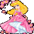 Pixelated character with long blonde hair in a pink dress holding a white star, surrounded by pink flower-like shapes on gray background.