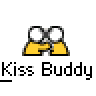 Animated contact sheet showing two variations of a pixel art buddy icon with kissing stick figures and text elements on gray background.