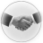 A grayscale circular icon with a central handshake symbol flanked by two dark triangular shapes on a light background.