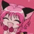 Pixelated anime-style character with pink hair and black cat ears against a solid pink background.