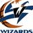 Pixelated icon with blue and orange curved shapes surrounding a black silhouette of a figure holding a microphone, with blue text below.