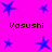 Bright pink background with scattered blue star shapes and repeated "Vasushi" text in dark brown pixelated font.