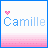 12 pixel-art icons featuring the name 'Camille' in light blue text with pink heart symbols above, set against a white background with horizontal pink gradient stripes