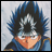 Pixelated anime character with spiky blue hair and orange face, wearing blue clothing with yellow accents, against light gray background.