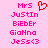 Pink background with pixelated text and a red heart symbol, showing two identical side-by-side layouts of names and symbols.