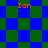 A static digital image displays a blue and green checkered pattern with four instances of the text "Ion" in red, positioned at top-left, top-right, bottom-left, and bottom-right corners.