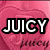 A static image with pink heart background, white text 'JUICY', 'IS', and 'LOVE' in bold black-outlined letters, red and purple hearts scattered on the right.