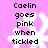 Pixelated text reads "Caelin goes pink when tickled" over a white snowflake on bright pink background.