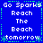 Blue background with white pixelated text reading 'Go Sparks Reach The Beach tomorrow' in four repeated sections, bordered by green dotted lines and star-like symbols.
