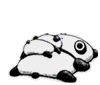 Black-and-white cartoon panda in various poses with smaller pandas on its back, some lying flat and others stacked.