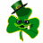 Animated green shamrock with a top hat, smiling face, and visible teeth in multiple