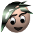 Pixelated cartoon face with light brown skin, large white eyes with black pupils, and a wide smiling mouth, wearing a green and black striped hat with a white stripe.