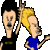 Pixelated cartoon characters in black and blue shirts with yellow text on black shirt, performing rock hand gestures against gray background.