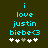 Pixelated cyan text on dark green background reads 'i love justin bieber<3' with five white and gray plus signs below.