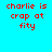 Four quadrants display identical red pixelated text 'charlie is crap at fity' on cyan, purple, pink, and light blue backgrounds.