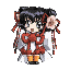 Pixelated anime-style character with dark hair in twin buns, red and white outfit, orange shoes, holding hands near chest across six sequential poses.