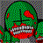 Green pixelated character with red accents and white teeth in a wide open mouth expression
