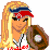 Pixelated cartoon-style icon of a blonde woman with long hair wearing a red and blue headband, holding a brown baseball glove.