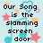 Pixelated light blue background with teal musical notes, pink and orange stars, and black text reading "Our Song is the slamming screen door tapping on your window".