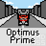 A 5x5 contact sheet of pixel art frames showing Optimus Prime in various poses and animation states against a mountainous backdrop with repeated "Optimus Prime" text below each frame.