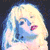 A pixelated image of a woman with blonde hair and red lips, transitioning through heart-shaped overlays and text elements.
