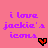 Pixelated text 'i love jackie's icons' in purple on pink background with three distinct heart symbols changing color across frames.