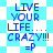Blue text on a light blue and white patterned background with four identical sections displaying 'LIVE YOUR LIFE... CRAZY!!! =P' in pixelated font.