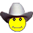 Two side-by-side pixelated yellow smiley faces wearing silver cowboy hats with dark brown brims, one with a neutral expression and the other smiling widely.