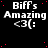 Black background with white text reading "Biff's Amazing <3(:" repeated in a pattern, scattered red dots, and one gray square at bottom-right