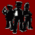 Animated sequence of stylized black-and-white figures on red background, showing gradual transition from group poses to single figure and back.